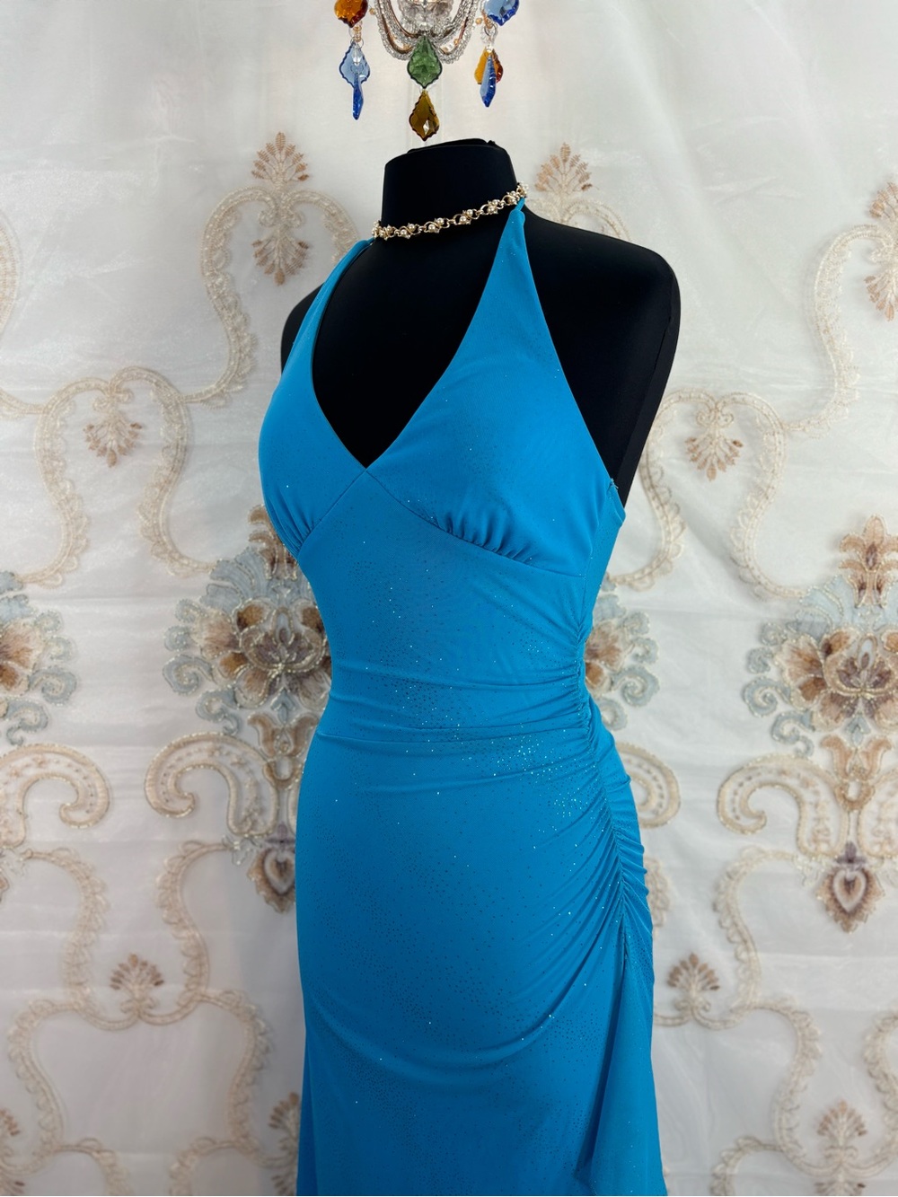 ✨Vintage Y2K Aqua Shimmer Ruched Halter Mermaid Maxi Dress✨ - Picture 2 of 7